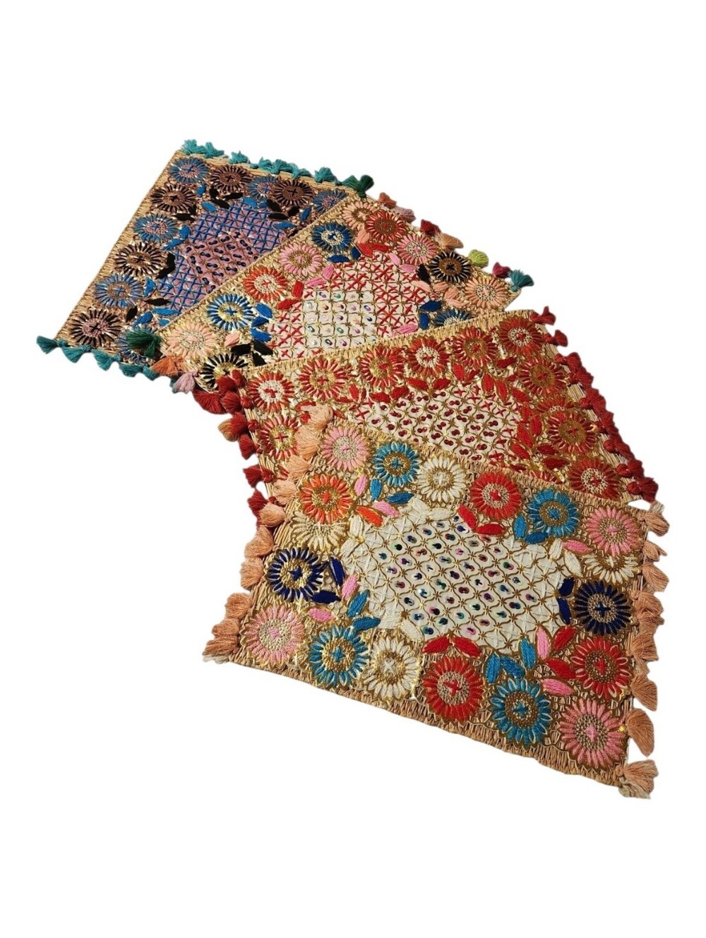 Set of 4 Moroccan Style Woven Straw Placemats Tassel Fringe Boho Table Mats